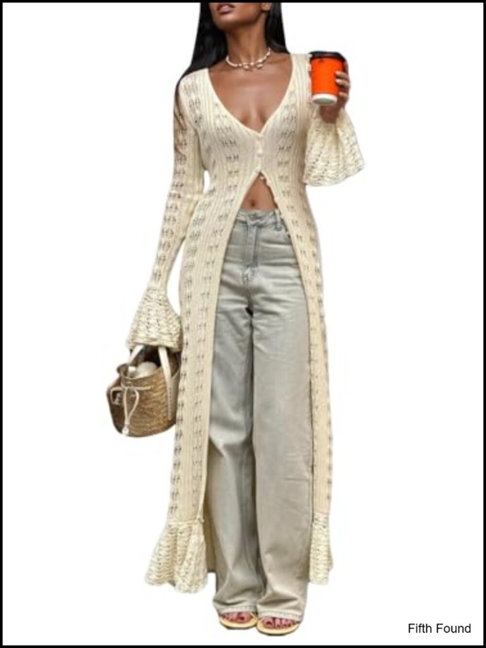 Crochet Hollow Out Knit Maxi Cardigan Button Down Bell Sleeve Cover Up
